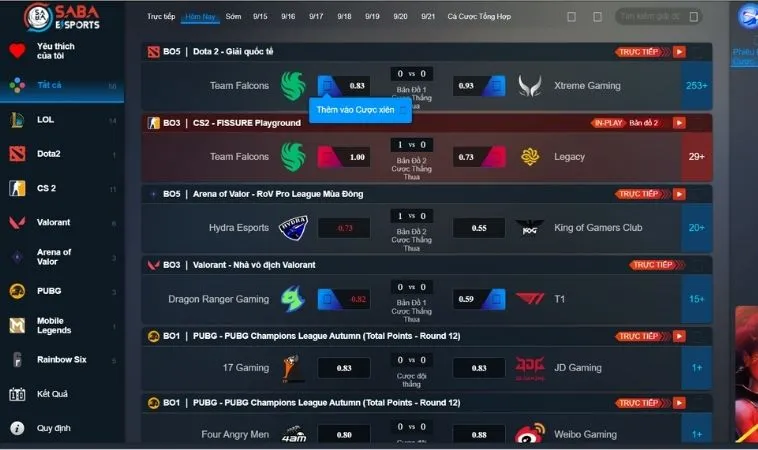 Giao diện đặt cược kèo Thể Thao Điện Tử 12Bet