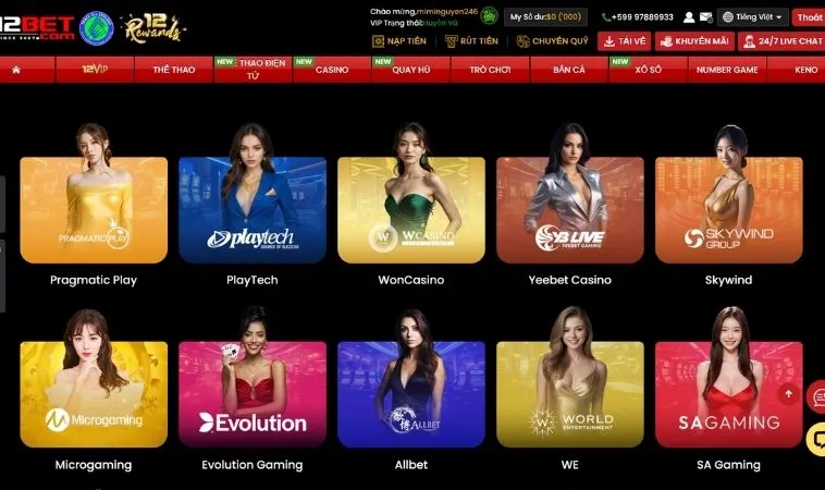 Sảnh Casino Online Tại 12Bet hợp tác với nhiều nhà cung cấp uy tín