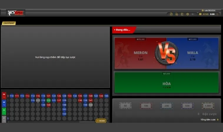 Giao diện đặt cược Đá Gà WS168 Tại 12Bet