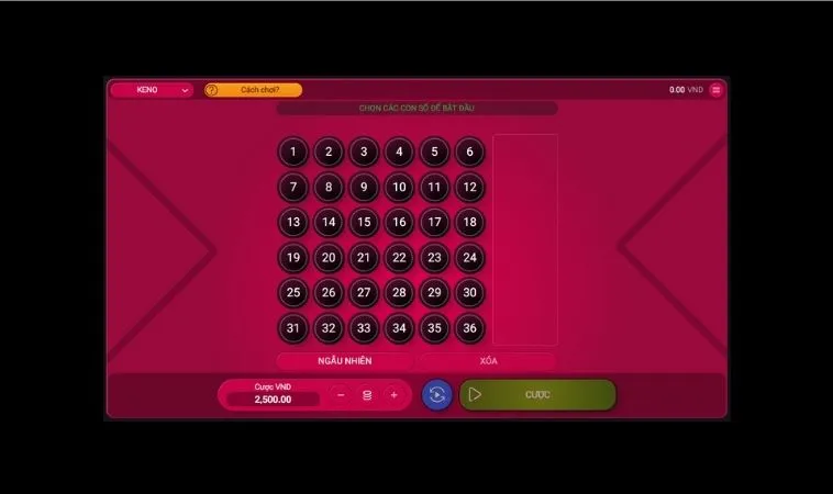 Giao diện chơi game nhanh Keno tại 12Bet