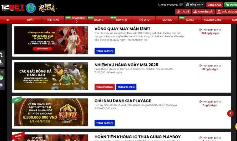 Vô vàn các chương trình khuyến mãi tại 12Bet hấp dẫn tặng hội viên